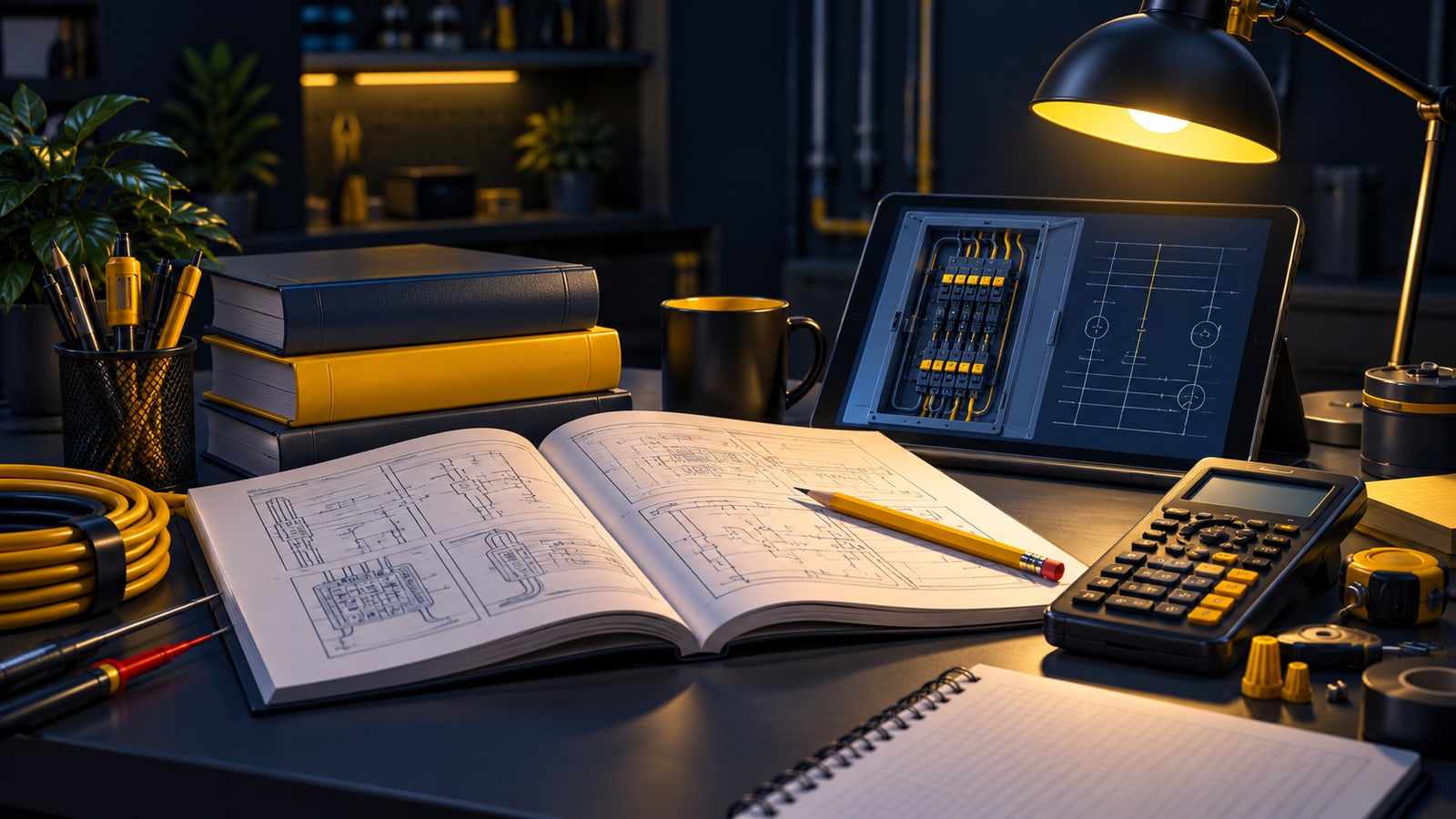 Study desk with exam preparation books and tools